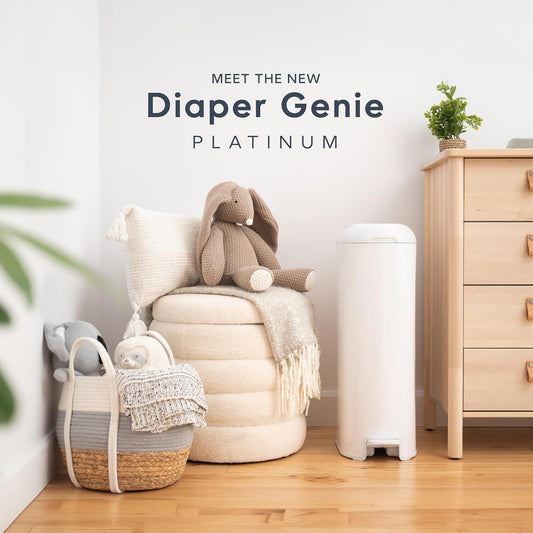 Diaper Genie Platinum Diaper Pail, White - Made in Durable Stainless Steel and Includes 1 Easy Roll Refill with 18 bags