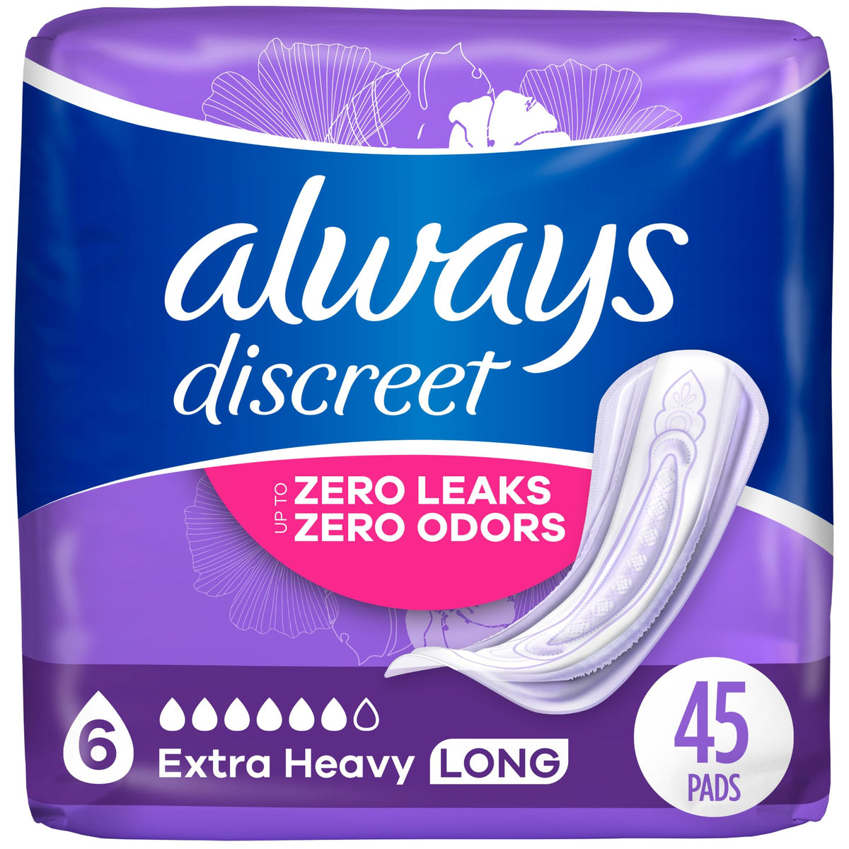 Discreet Adult Incontinence Pads for Women, Extra Heavy Absorbency, Long Length, Postpartum Pads, Up to 100% Bladder Leak Protection, 45 Count