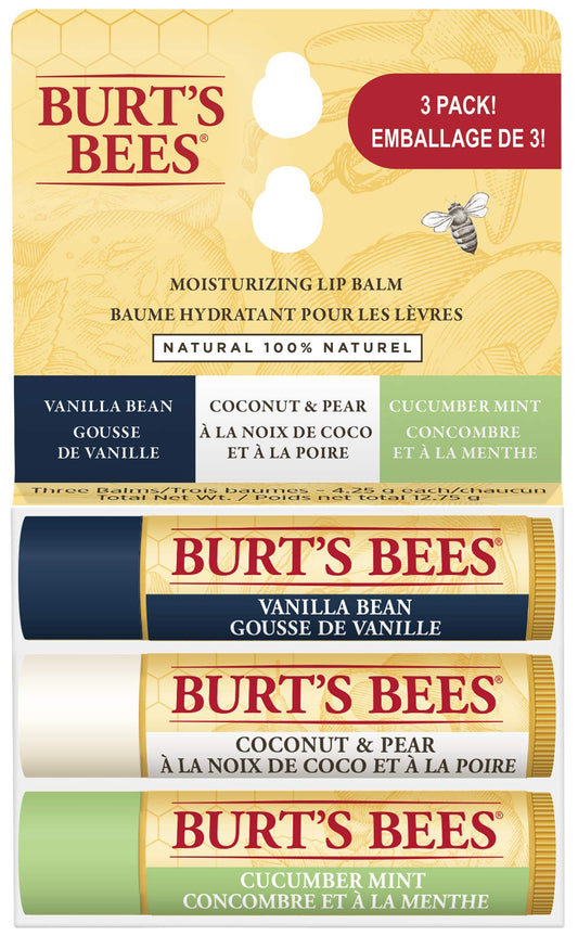 Burt's Bees Moisturizing Lip Balm for Dry Chapped Lips 100% Natural Origin, Assorted Flavours with Fruit Extracts, 3 Tubes, 4.25 g