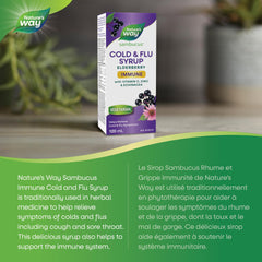 Nature's Way Sambucus Cold and Flu Care Immune with Vitamin C and Zinc – Elderberry Syrup with Echinacea and Propolis – Used in Herbal Medicine for Symptom Relief for Kids 2+ and Adults, 120 ml