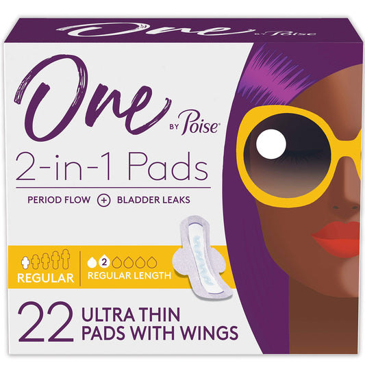 One by Poise Feminine Pads with Wings (2-in-1 Period & Bladder Leakage Pad for Women), Regular Absorbency, 22 Count