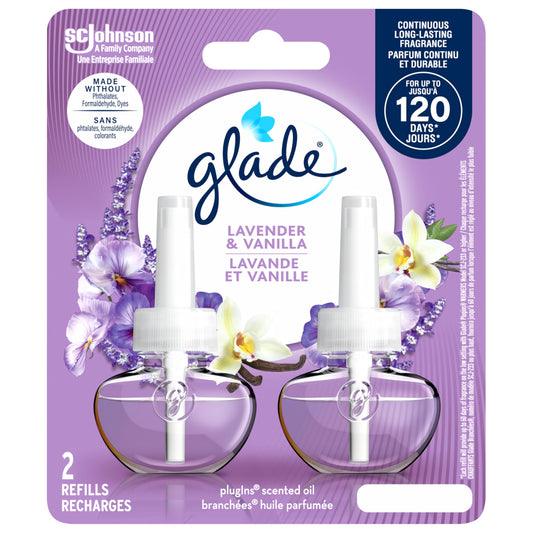 Glade PlugIns Air Freshener Oil Refill, Scented and Essential Oils for Home and Bathroom, Lavender and Vanilla, 2 Count