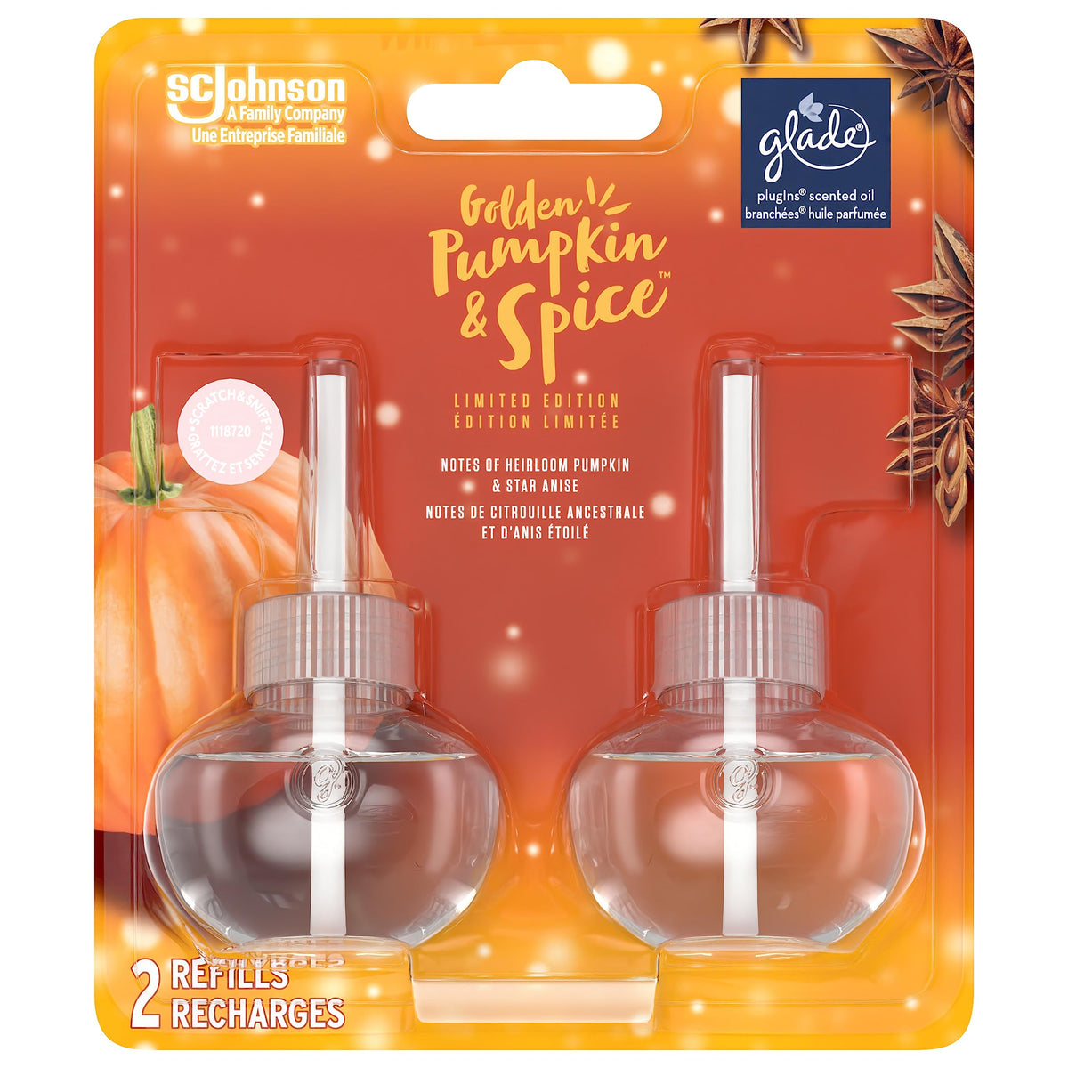 Glade PlugIns® Air Freshener Oil Refill, Scented and Essential Oils for Home and Bathroom, Golden Pumpkin & Spice™, 2 Refills