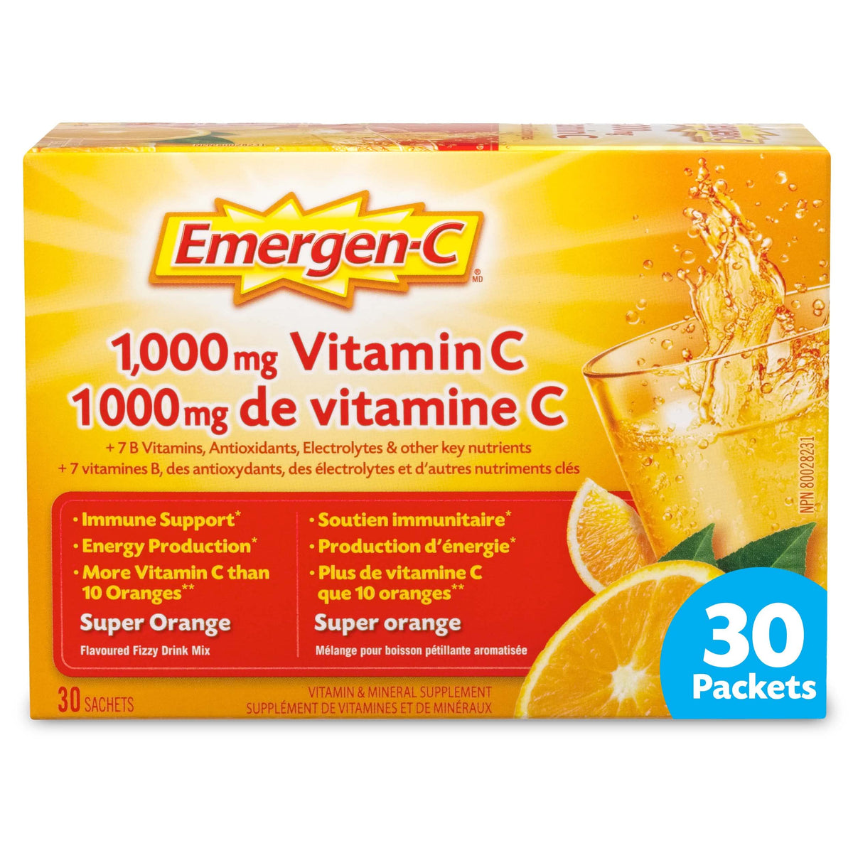 Emergen-C® Super Orange (30 Count), 1000mg Vitamin C / Electrolytes / B Vitamins Mineral Supplement