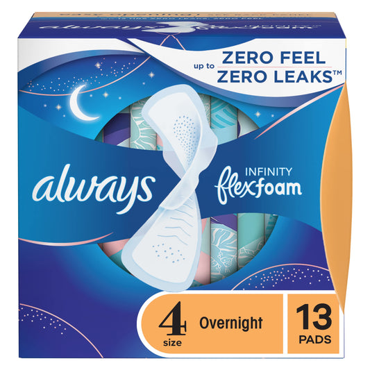 Always, Infinity With FlexFoam Pads For Women, Size 4, Overnight Absorbency With Wings, 13 Count