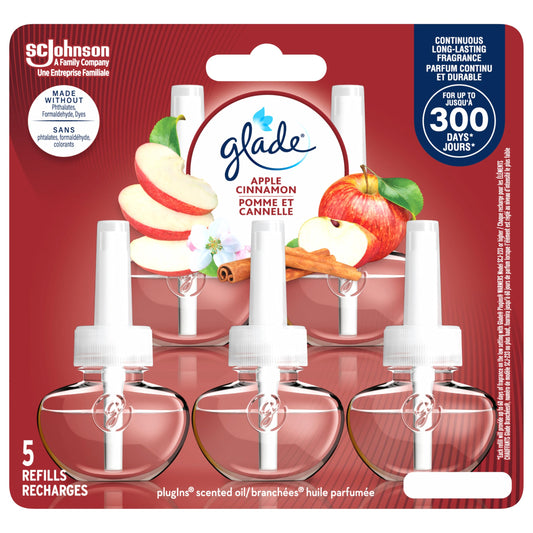 Glade PlugIns Air Freshener Refill, Scented and Essential Oils for Bathroom and Home Fragrance, Apple Cinnamon, 5 Count