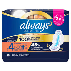 Always Ultra Thin Feminine Pads with Wings for Women, Size 4, Overnight Absorbency, Unscented, Up to 100% Leak-Free Comfort, 16 Count