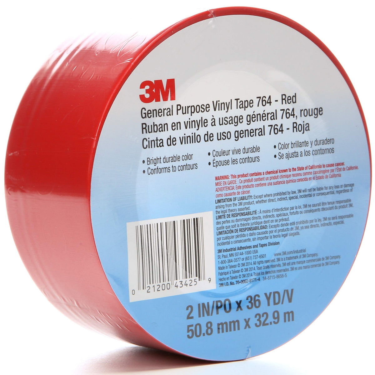 3M Vinyl Tape 764, General Purpose, 2 in x 36 yd, Red, 1 Roll, Light Traffic Floor Marking, Social Distancing, Color Coding, Safety, Bundling