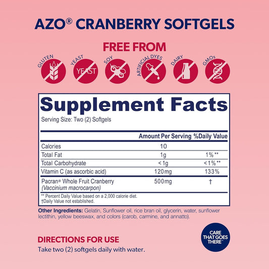 AZO Cranberry Supplement, Made with Concentrated Whole Fruit Cranberry Powder to Help Cleanse and Protect the Urinary Tract*, Sugar Free Cranberry Pills, Non-GMO, 100 Softgels