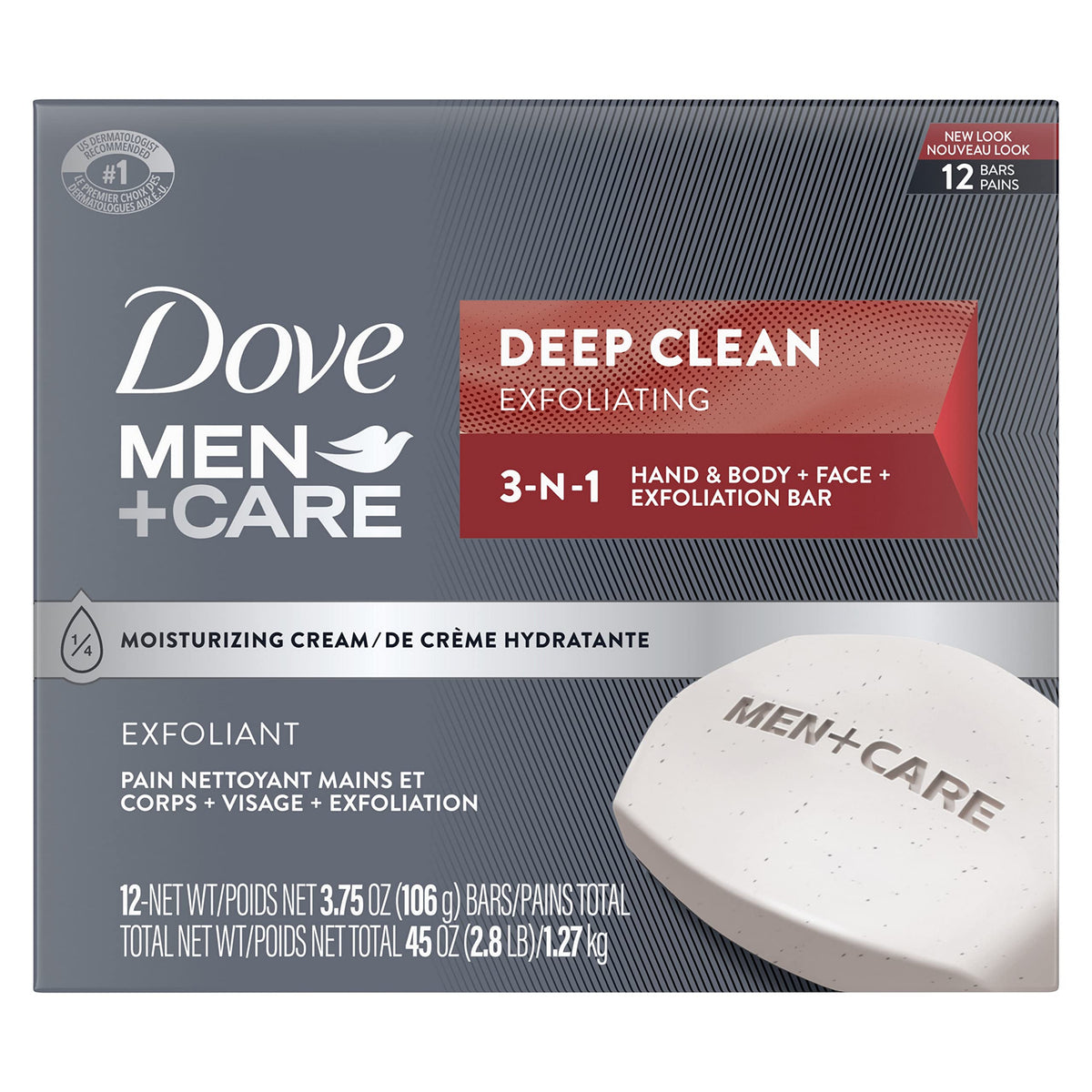 Dove Men + Care Hand & Body + Face + Exfoliation Bar Soap with purifying grains for healthy-looking and strong skin Deep Clean soap bar with ¼ moisturizing cream 106 g Pack of 12