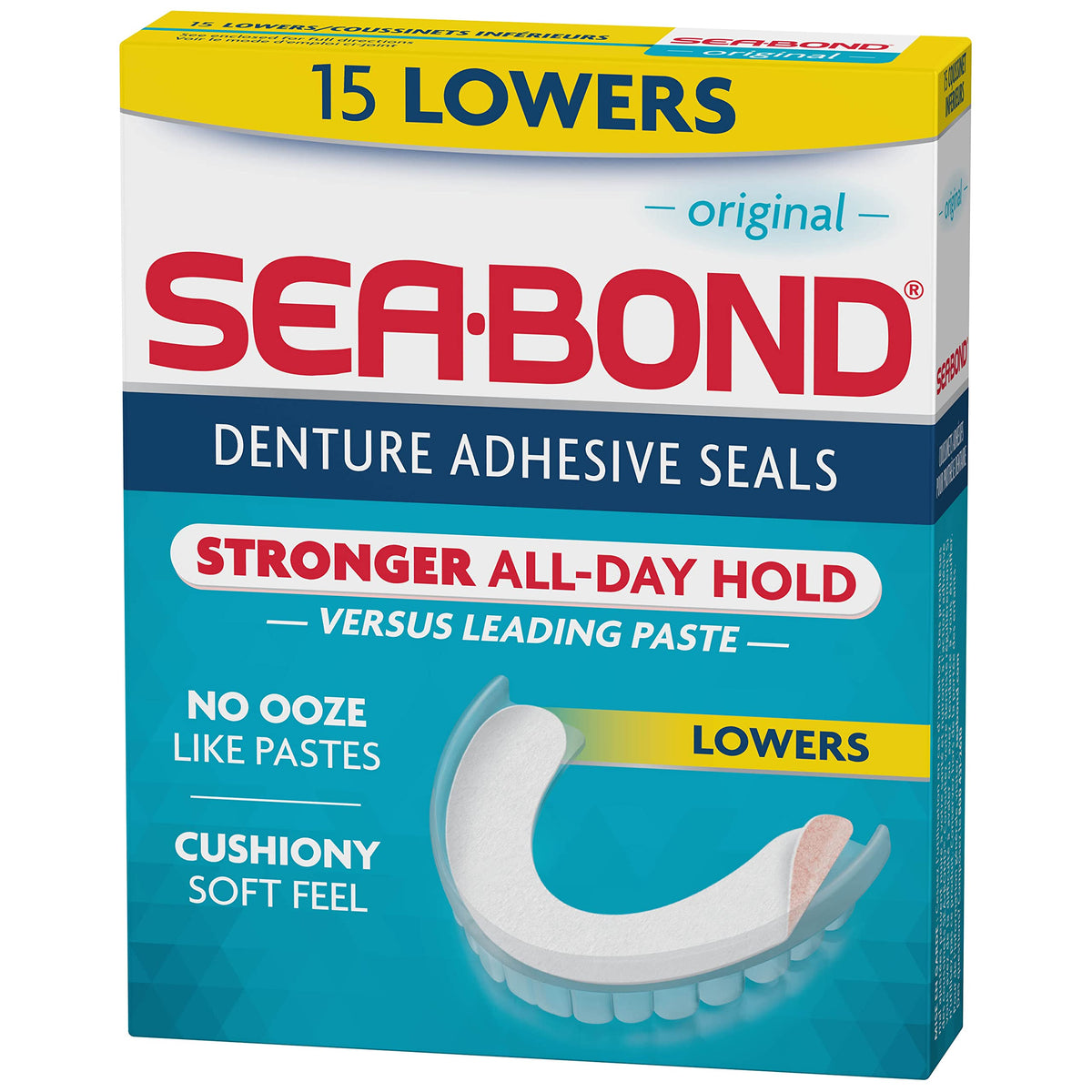 Sea Bond Secure Denture Adhesive Seals, Original Lowers, Zinc-Free, All-Day Hold, Mess-Free, 15 Count