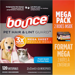 Bounce Pet Hair and Lint Guard Mega Dryer Sheets for Laundry, Fabric Softener with 3X Pet Hair Fighters, Fresh Scent, 120 Count, White