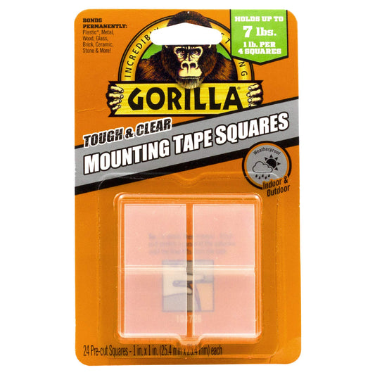 Gorilla Tough & Clear Double Sided Mounting Tape Squares, Hanging, Repairing, Weatherproof, Instant Hold, 24-1in Pre-Cut Squares, Clear, (Pack of 1), 6069301