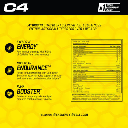 Cellucor C4 Original Pre Workout Powder - Sugar Free Preworkout Energy for Men & Women - 150mg Caffeine, Beta Alanine, Creatine - Icy Blue Razz, 60 Servings