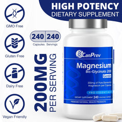 CanPrev - Pure Magnesium Bis-Glycinate 200mg (Gentle) | 240 v-caps | Elemental Chelated Complex Supplement | Magnesium bis-glycinate blend - Glycine, Magnesium Oxide, Magnesium bis-glycinate chelate | Vegan