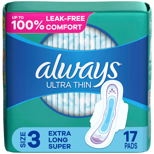 Always, Ultra Thin Pads For Women, Size 3, Extra Heavy Absorbency With Wings, 17 Count