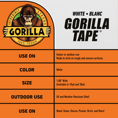 Gorilla Tape, Duct Tape, Utility Tape, Triple Layer Strength, Indoor & Outdoor, Weather Resistant Shell, 1.88 in x 10 yd, White, (Pack of 1), 6010001