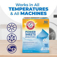 ARM & HAMMER Laundry Detergent Power Sheets - Quick Dissolve Strips - Up to 100 Loads - Convenient, Plastic Jug-Free Packaging - Fresh Linen Scent - 50 count