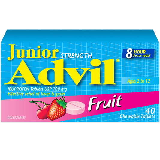 Junior Strength Advil (40 Count, Fruit Flavour) Ibuprofen Chewable Tablets Fever Reducer/Pain reliever