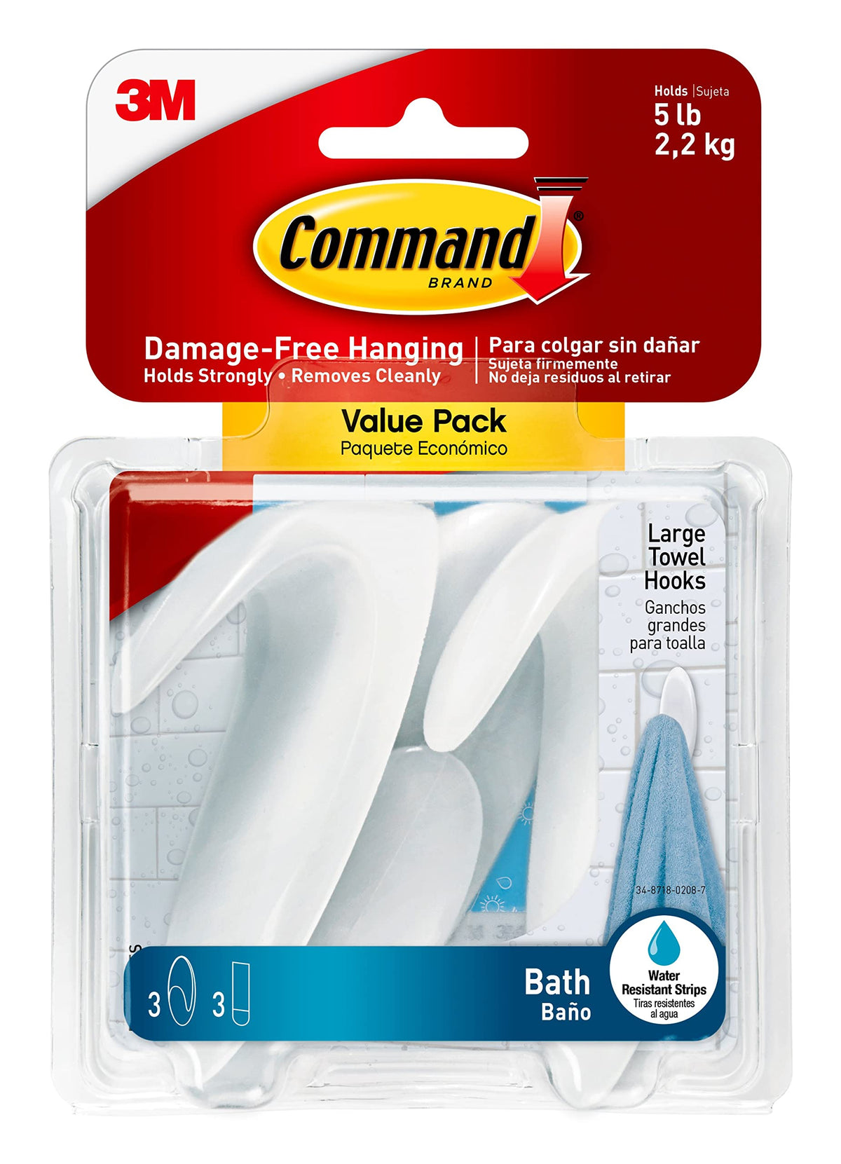 Command BATH17-3ESF Large Towel Hooks, Value Pack, 3-Hooks, 3-Large Water-Resistant Strips