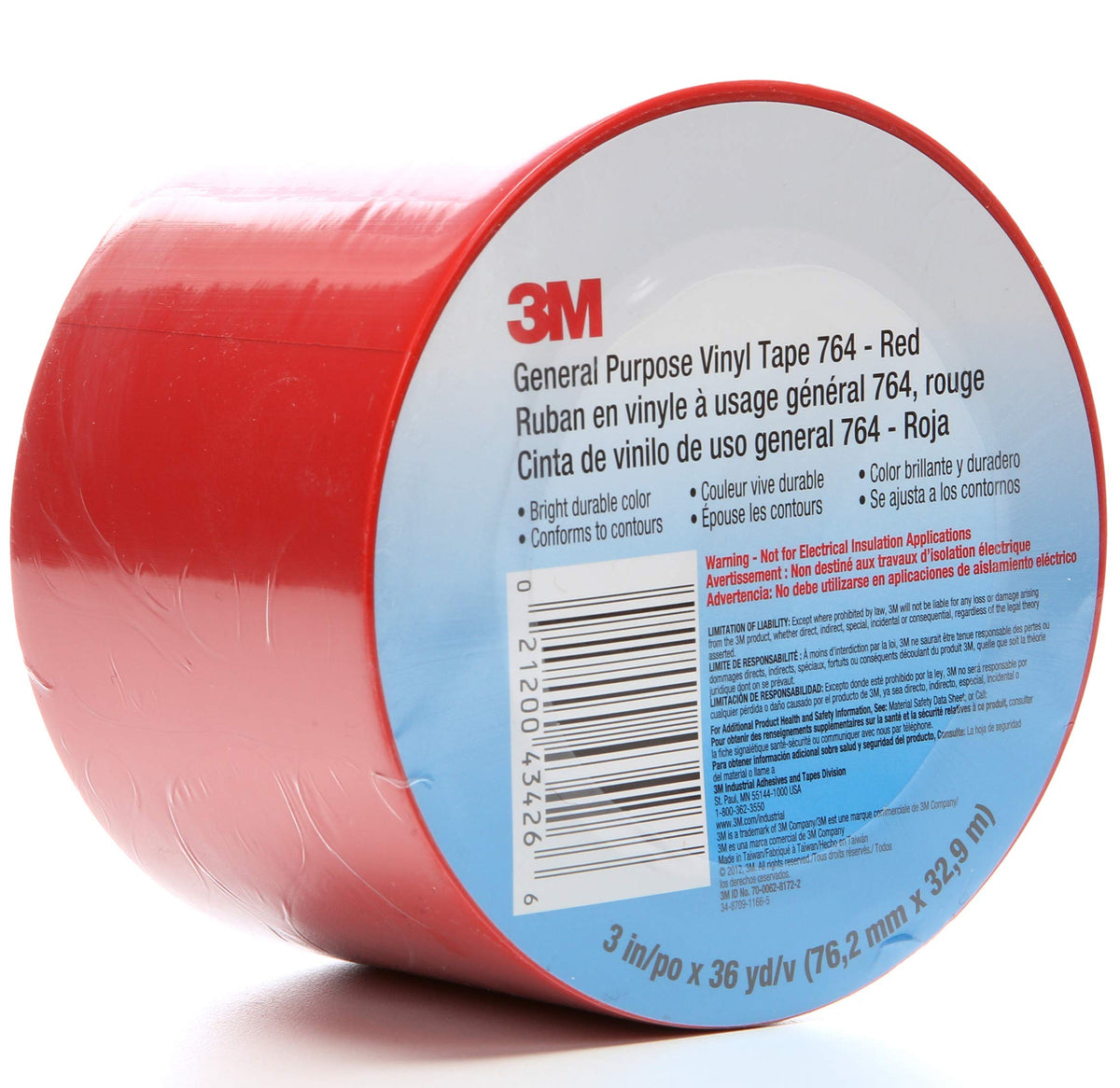 3M Vinyl Tape 764, General Purpose, 3 in x 36 yd, Red, 1 Roll, Light Traffic Floor Marking, Social Distancing, Color Coding, Safety, Bundling