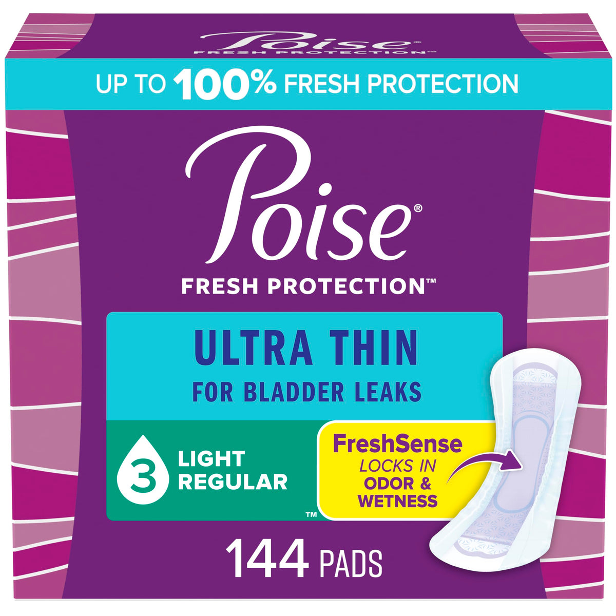 Poise Ultra Thin Incontinence Pads & Postpartum Incontinence Pads, 3 Drop Light Absorbency, Regular Length, 144 Count (3 Packs of 48)