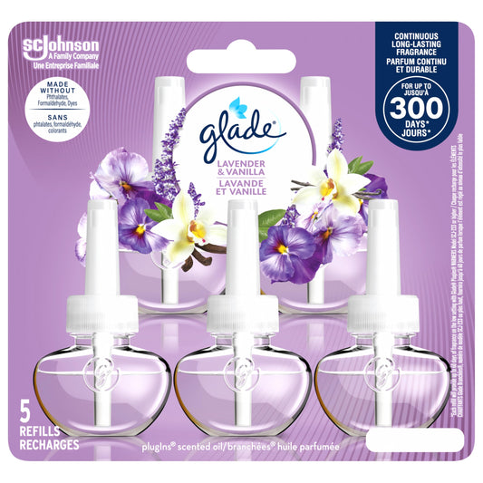 Glade PlugIns Air Freshener Oil Refill, Scented and Essential Oils for Home and Bathroom, Lavender and Vanilla, 5 Count