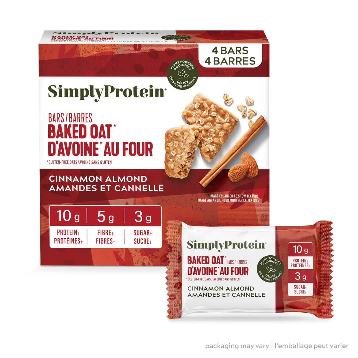 Simply Protein - Cinnamon Almond Baked Oat Bars, 4 Bars - Plant Based Protein Bars - Breakfast Bars - Soft & Chewy - 10g Protein, 3g Sugar, 5g Fibre, 190 Calories - Vegan, Gluten Free, Non GMO, Kosher