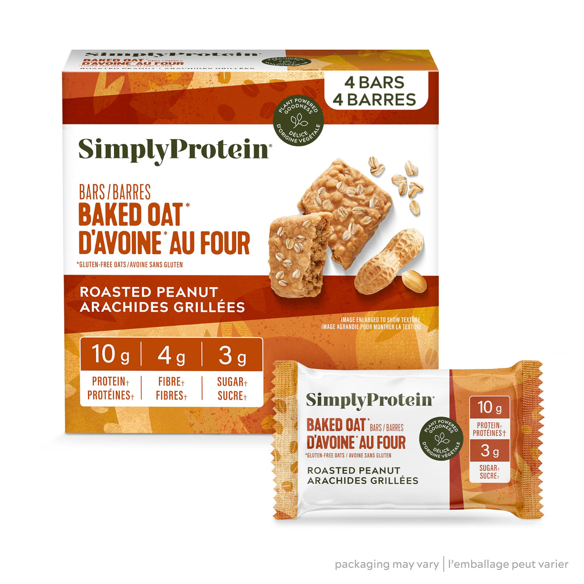 Simply Protein - Roasted Peanut Baked Oat Bars, 4 Bars - Plant Based Protein Bars - Breakfast Bars - Soft & Chewy - 10g Protein, 3g Sugar, 4g Fibre, 190 Calories - Vegan, Gluten Free, Non GMO, Kosher