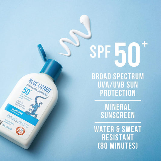 BLUE LIZARD Sensitive Mineral Sunscreen with Zinc Oxide, SPF 50+, Water Resistant, UVA/UVB Protection with Smart Bottle Technology - Fragrance Free, 5 oz