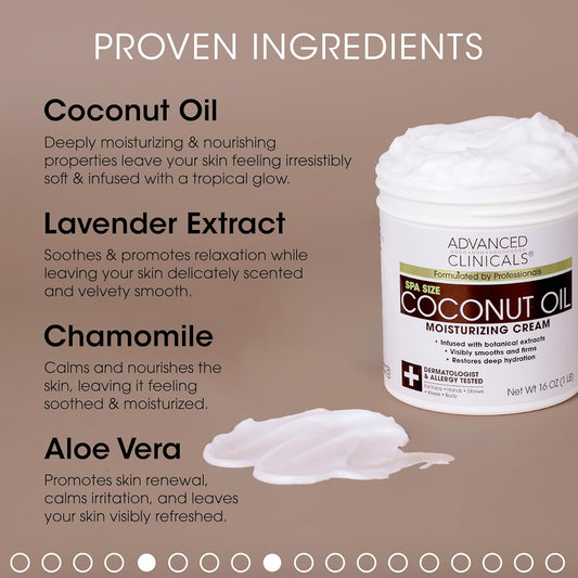 Advanced Clinicals Coconut Oil Cream Face & Body Anti Aging Moisturizing Skin Care Lotion, Intense Firming Coconut Oil Moisturizer Skincare Balm For Age Spots, Dry Skin & Sun Damaged Skin, Large 16Oz