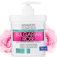 Advanced Clinicals Bulgarian Rose Anti Aging Rescue Cream Face & Body Moisturizing Skin Care Lotion, Brightening Skincare Moisturizer For Dry Skin, Age Spots, & Improving Skin Radiance, Large 16 Oz