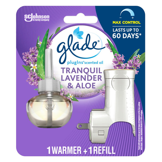 Glade PlugIns Air Freshener Starter Kit, Scented and Essential Oils for Bathroom and Home Fragrance, Tranquil Lavender and Aloe, 1 Warmer and 1 Refill