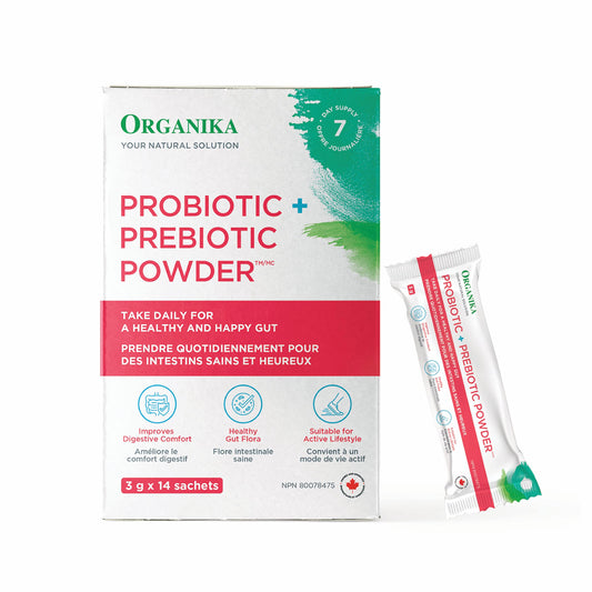 Organika Canadian-Made Probiotic + Prebiotic Powder - For Better Gut, Digestive and Intestinal Health, Gas & Bloating Relief, Shelf-Stable, 14 Travel-Friendly Sachets x 3G