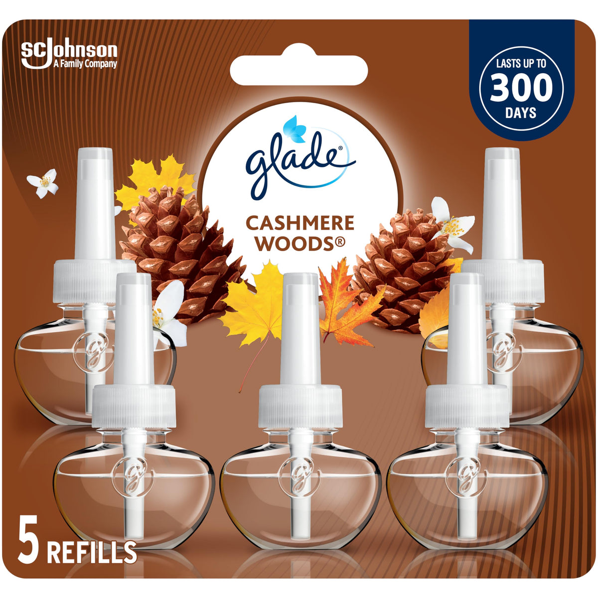 Glade PlugIns Air Freshener Refill, Scented and Essential Oils for Bathroom and Home Fragrance, Cashmere Woods, 5 Count