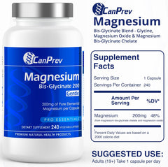 CanPrev - Pure Magnesium Bis-Glycinate 200mg (Gentle) | 240 v-caps | Elemental Chelated Complex Supplement | Magnesium bis-glycinate blend - Glycine, Magnesium Oxide, Magnesium bis-glycinate chelate | Vegan