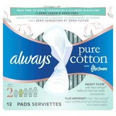 Always Pure Cotton Pads with FlexFoam, Size 2, Heavy Absorbency, with Wings, Made with a Premium Cotton Top Layer, Made without Fragrance, 12 CT