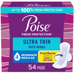 Poise Ultra Thin Postpartum Incontinence Pads with Wings, Moderate Absorbency, Regular Length, 54 Count