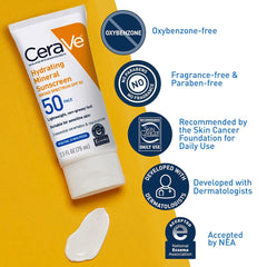 CeraVe 100% Mineral Sunscreen SPF 50 | Face Sunscreen with Zinc Oxide & Titanium Dioxide for Sensitive Skin | With Hyaluronic Acid, Niacinamide, and Ceramides | 2.5 oz