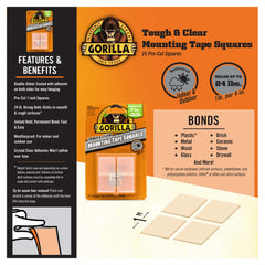 Gorilla Tough & Clear Double Sided Mounting Tape Squares, Hanging, Repairing, Weatherproof, Instant Hold, 24-1in Pre-Cut Squares, Clear, (Pack of 1), 6069301