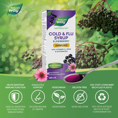 Nature's Way Sambucus Cold and Flu Care Immune with Vitamin C and Zinc – Elderberry Syrup with Echinacea and Propolis – Used in Herbal Medicine for Symptom Relief for Kids 2+ and Adults, 120 ml