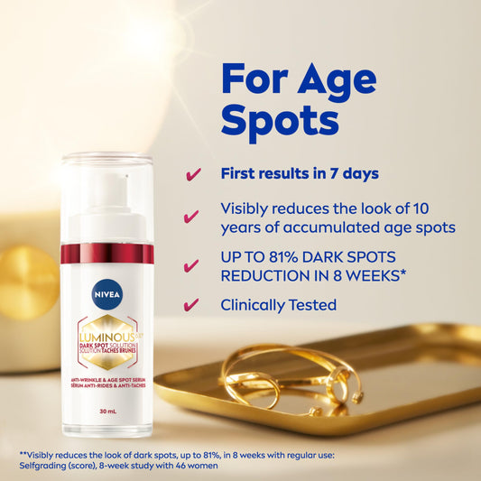 NIVEA LUMINOUS630 Dark Spot Solution Anti Wrinkle and Age Spot Serum for All Skin Types, Face Serum for Women with Hyaluronic Acid, For Even, Strengthened and Younger-Looking Luminous Skin, 30mL