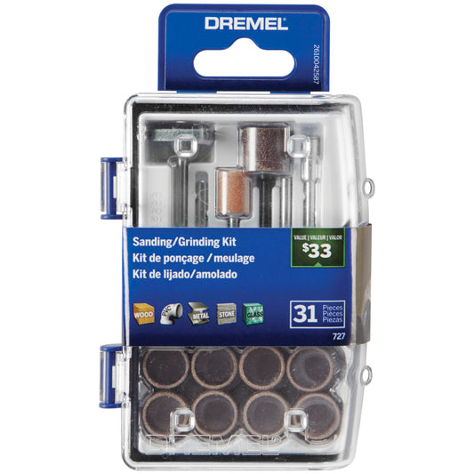 Dremel 727-01 Sanding & Grinding Rotary Tool Accessory Kit with Case, 31-Piece – Includes Grinding Stones, Sanding Bands, Cut-Off Wheel and Mandrel