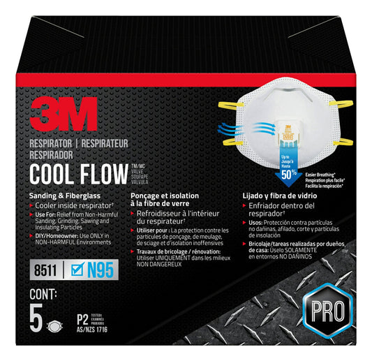 3m 8511 Sanding and Fiberglass N95 Cool Flow Valved Respirator, Niosh-approved, Relief From Dusts and Certain Particles During Sanding, Pollen, Mold Spores, Dust Particles, 5-pack