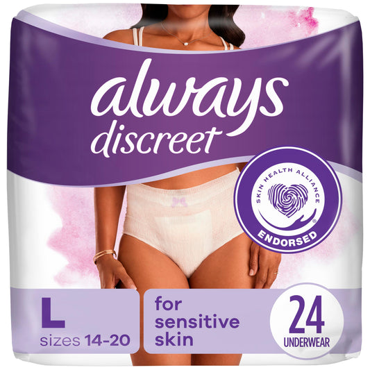 Always Discreet for Sensitive Skin Underwear, Four Times Skin Protection, Dermatologically Tested, Fragrance-Free, Maximum Absorbency, L, 24 CT