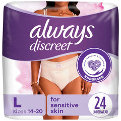 Always Discreet for Sensitive Skin Underwear, Four Times Skin Protection, Dermatologically Tested, Fragrance-Free, Maximum Absorbency, L, 24 CT