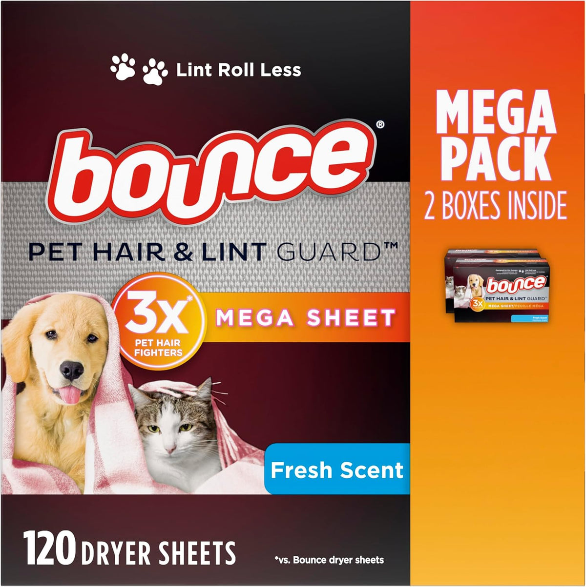 Bounce Pet Hair and Lint Guard Mega Dryer Sheets for Laundry, Fabric Softener with 3X Pet Hair Fighters, Fresh Scent, 120 Count, White