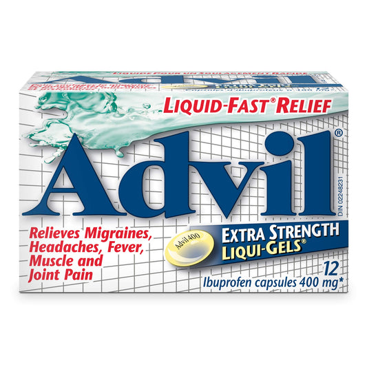 Advil Extra Strength Ibuprofen Pain Relief Liquid-Gels, Fast Acting Pain Relief for Migraine, Back, Neck, Joint, and Muscle Relief, 400mg (12 Count)