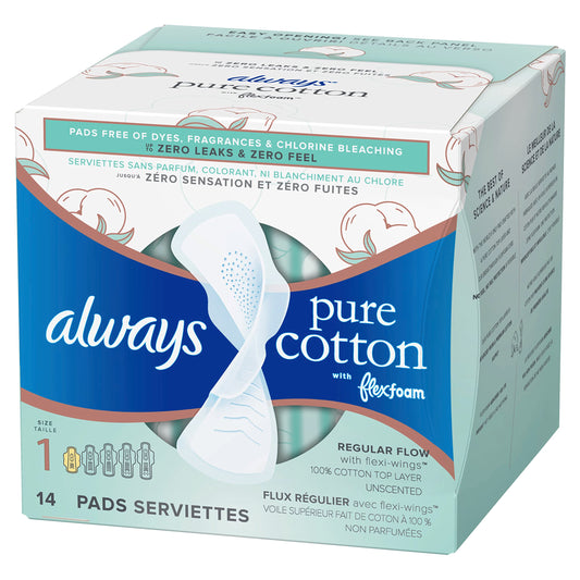 Always Pure Cotton Pads with FlexFoam, Size 1, Regular Absorbency, with Wings, Made with a Premium Cotton Top Layer, Made without Fragrance, 14 CT