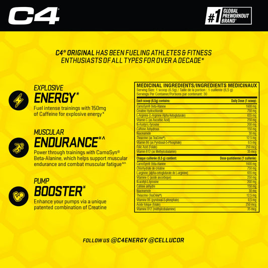 Cellucor C4 Original Pre Workout Powder - Sugar Free Preworkout Energy for Men & Women - 150mg Caffeine, Beta Alanine, Creatine - Icy Blue Razz, 30 Servings